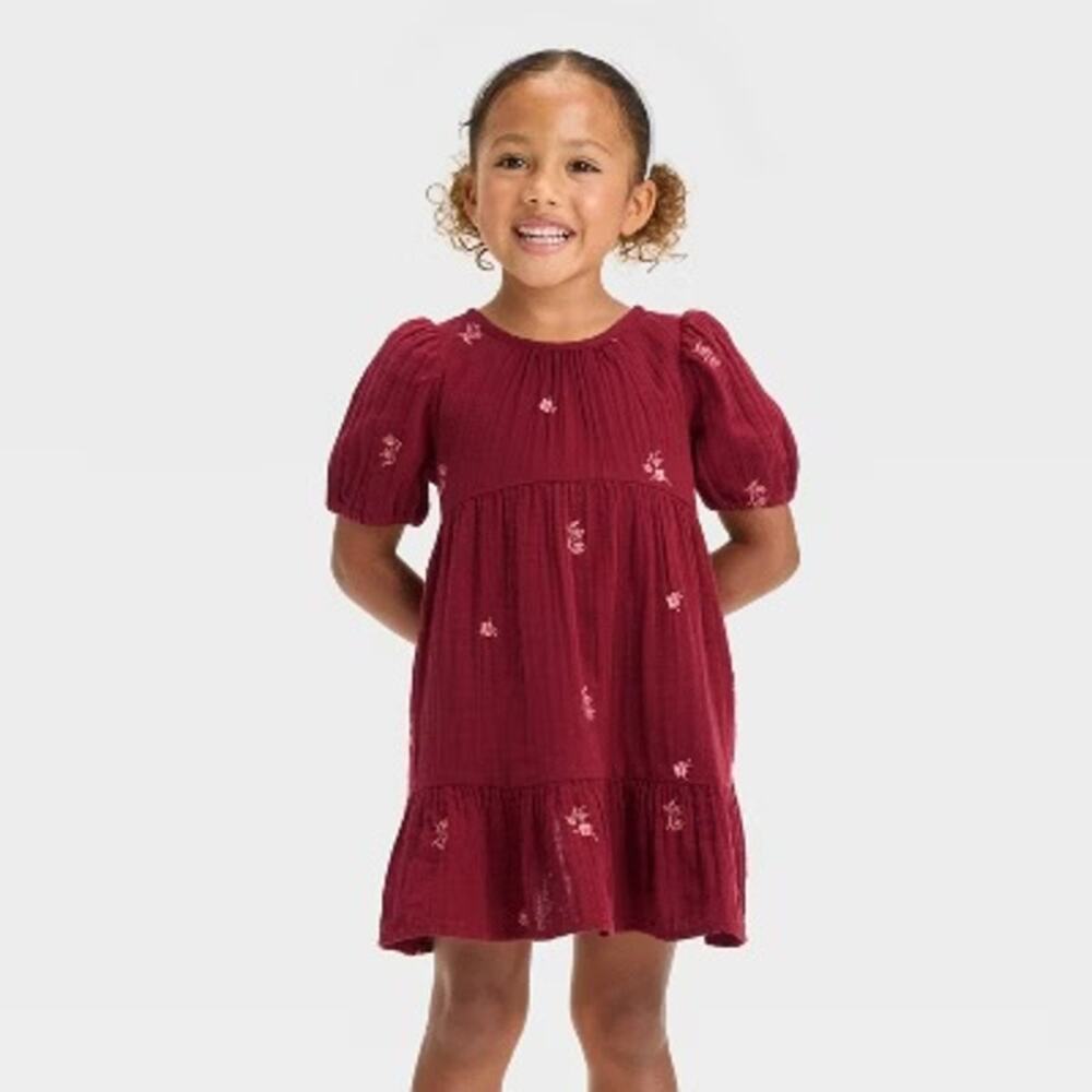 Cat and Jack Girls 5T Dress Red Floral Embroidered Gauzy Short Sleeve NEW - Picture 1 of 6